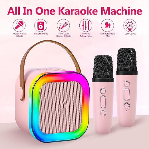 Mini Karaoke Machine for Kids Adults, Portable Bluetooth Speaker with 2 Wireless Mic, Karaoke Machine with Voice Changing Effect Colorful Lights Birthday Gifts for Kids Ages 4, 5, 6, 7, 8, 9, 10, 12+