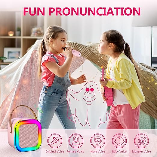 Mini Karaoke Machine for Kids Adults, Portable Bluetooth Speaker with 2 Wireless Mic, Karaoke Machine with Voice Changing Effect Colorful Lights Birthday Gifts for Kids Ages 4, 5, 6, 7, 8, 9, 10, 12+